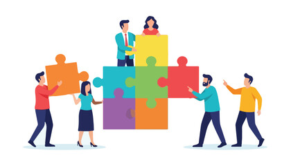 Diverse team of people collaborating to assemble colorful puzzle pieces, symbolizing teamwork, problem-solving, and unity in a business context.