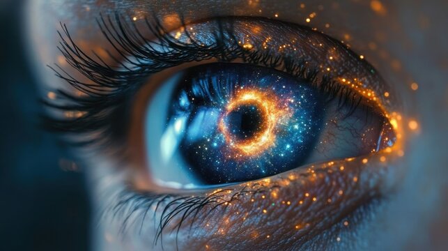 Close-up human eye with long eyelashes; iris appears as a glowing cosmic ring with stars and a dark center, blue and gold sparkles on the eye and surrounding skin, evoking wonder