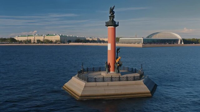 Red column on a platform in water, with shore in background