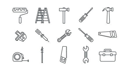 Obraz premium Construction and DIY Tools Outline Icons Set. Vector Line Art Collection for Repair, Maintenance, and Home Improvement Services.