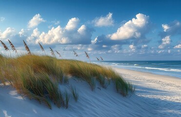 Serene coastal sand dunes with tall beach grass overlooking gentle ocean waves under a bright blue sky dotted with fluffy white clouds