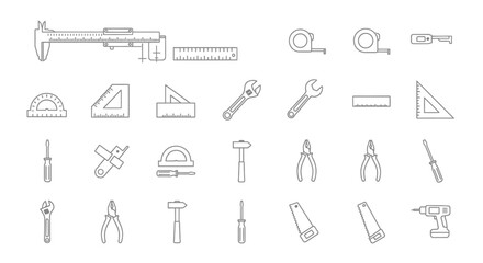 Obraz premium Outline Icons Set of Construction, Measurement, and Repair Tools: Wrench, Hammer, Drill, Screwdriver, Ruler, Caliper, Saw, and Pliers Collection