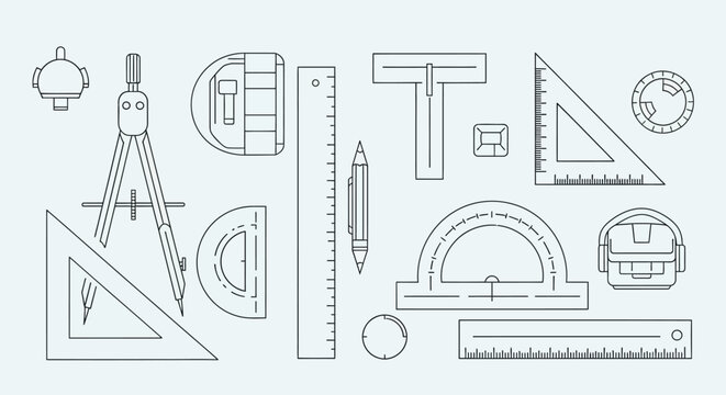 Drafting and Geometry Tools Line Art Pattern. Technical Drawing Instruments, Architect Scale, Compass, Ruler, and Protractor Icons.