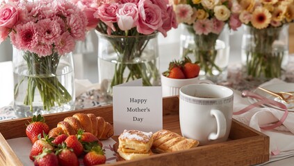 A mother s day breakfast in bed with flowers pastries and strawberries
