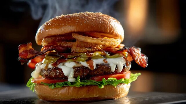 Gourmet Beef Burger with Crispy Bacon, Onion Rings, and Melted Cheese on Glossy Brioche Bun with Rising Steam
