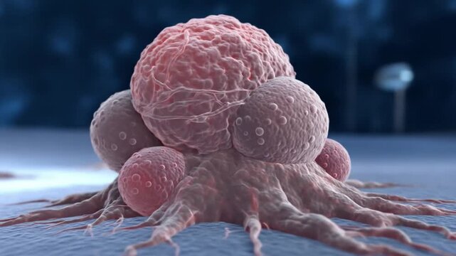 Close-up view of a cancer cell, showing its irregular shape and aggressive nature, a microscopic representation of disease and cellular pathology.