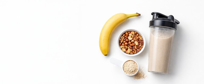 Banana, nuts, protein powder and smoothie shaker. Healthy nutrition and fitness concept. Protein shake preparation for sport, copy space, banner