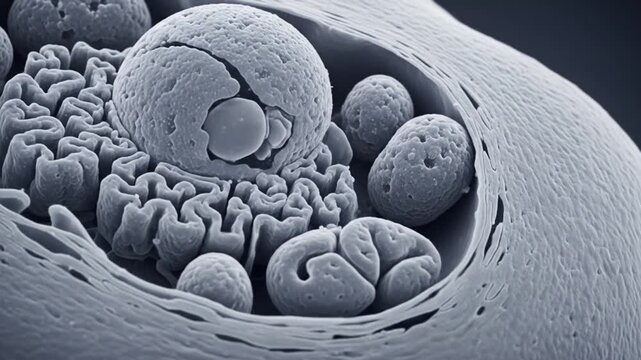 Microscopic view of pollen grains inside an anther, showcasing intricate biological structures and textures at high magnification.