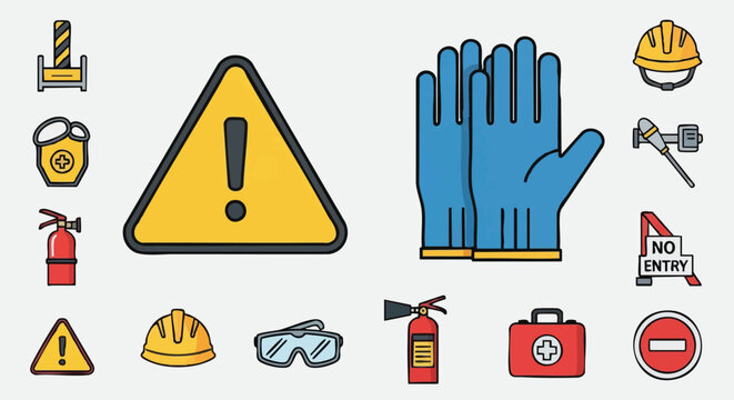 Workplace Safety Icons Collection: Warning Sign, PPE (Hard Hat, Gloves, Goggles), Fire Extinguisher, and First Aid Kit