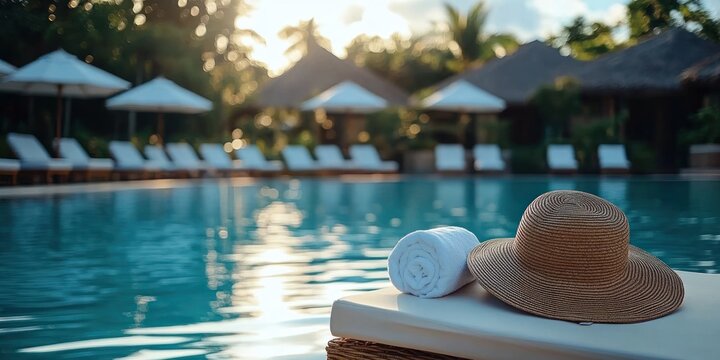 Close-up of a sunhat and rolled towel on a poolside lounge chair with thatched umbrellas and sun loungers in the background at sunset