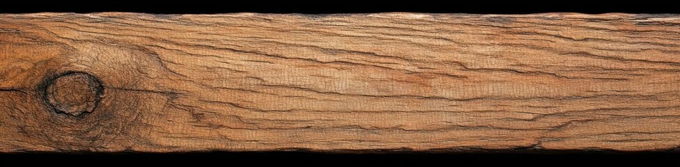 long rustic wooden plank with prominent knot and deep grain, warm brown weathered texture on black background evoking cozy rustic charm