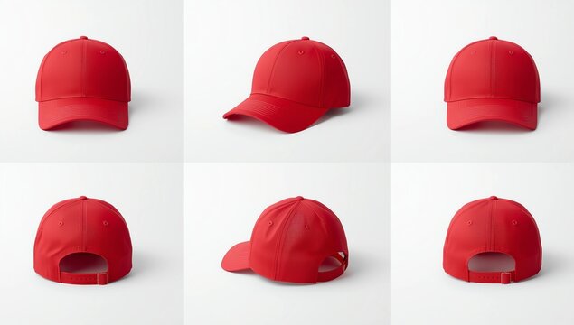 Bright red baseball cap mock up set from different angles