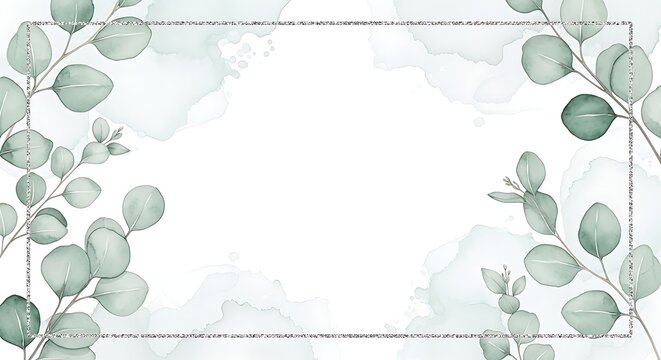 Elegant watercolor eucalyptus frame with silver border and pastel green splashes.
