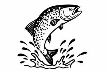 Fototapeta premium A black and white vector illustration of a jumping fish with water splashes