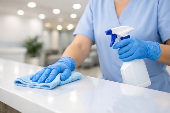 Woman cleaner wiping white surface with spray bottle and cloth. Disinfection and hygiene concept for health care and professional cleaning service