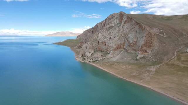Aerial view of  Siling Lake and Rugged Shoreline, Tibetan Plateau China