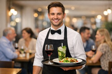 Fototapeta na wymiar Young man waiter smiling and holding tray with drinks and food in restaurant serving clients. Professional service at catering establishment