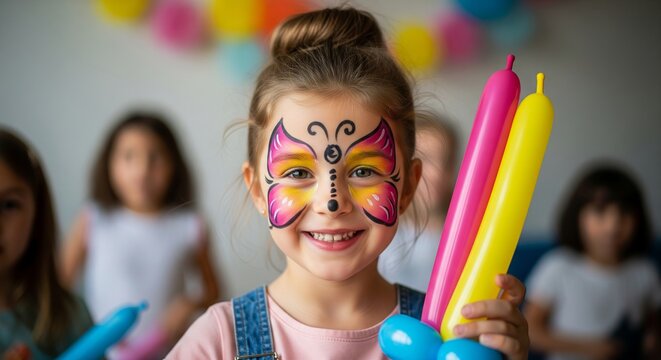 Happy caucasian child girl with butterfly face paint holding balloons. Kid enjoying party entertainment for children birthday celebration