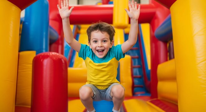 Happy boy jumping high in inflatable bounce house. Excited kid playing at colorful indoor playground. Fun children activity background