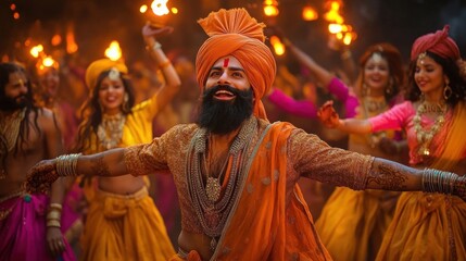 Obraz premium Turbaned dancer in orange and gold with outstretched arms leading a group of colorful costumed dancers holding torches in a joyful nighttime festival celebration
