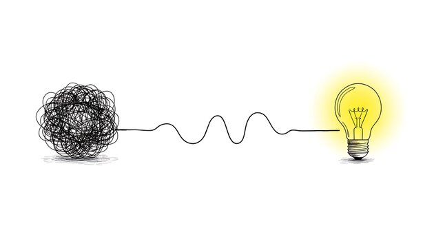 Tangled messy line ball represents complex problem challenge. Winding path connects to shining light bulb. Visualizes process of discovery, creative thinking, problem solving, Strategic Thinking & Bus