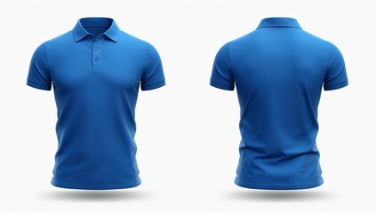 blank blue polo shirt, front and back view, isolated white background. Design polo shirt, template and mockup for print