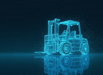 3D model of a forklift with glowing lines and particles in a dark space showing digital technology and innovation. High-Tech Industrial Logistics Art