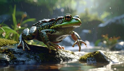 Obraz premium Green frog sitting on a rock near a pond in the rain.