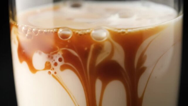 Dynamic macro close-up of rich espresso being poured into cold milk, creating beautiful brown caramel swirls and abstract patterns for an iced latte or coffee beverage preparation.