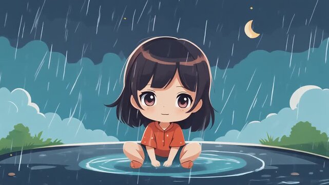 Chibi girl sitting in puddle during rain, Cute anime character enjoying rainy weather scene