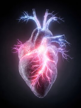 Electrical Conduction System of the Heart Showing Sinus Node With Impulses Against Dark Background and Soft Neon Accents in Medical Technology Style