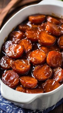 vibrant photo of Glazed candied yams with brown sugar syrup in a white baking dish