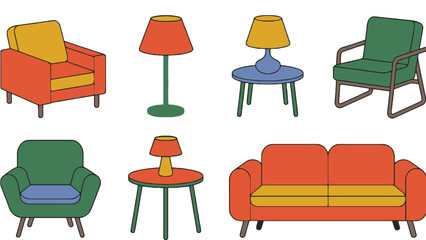 Fototapeta premium A colorful illustration of modern furniture including chairs, sofa, and lamps on a white background