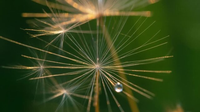 Macro shot of a delicate dandelion seed head with a glistening water droplet, set against a soft green bokeh background.