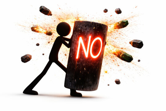 Minimal black figure pushing against a large dark block with glowing red no text and flying debris representing rejection refusal boundaries resistance denial conflict and a firm negative decision