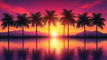 Obraz premium Sunset over calm water with silhouetted palm trees and distant mountains under a vibrant purple and orange sky