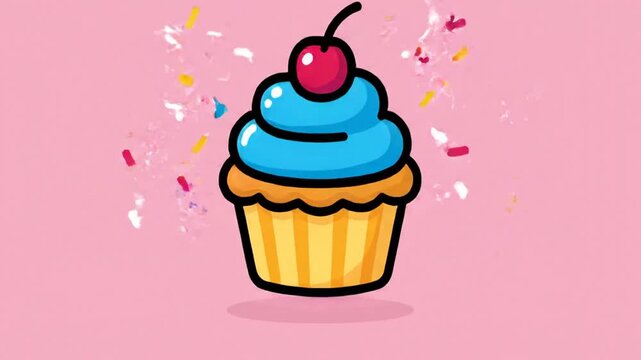 Cartoon Cupcake with Blue Frosting and Cherry.