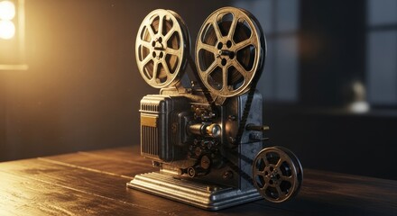 Naklejka premium Detailed antique projector stands ready for screening under warm illumination.