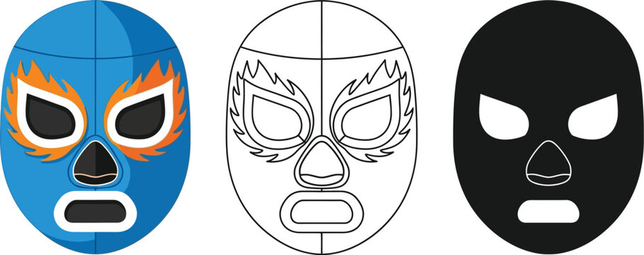 Three different colored wrestling masks on a white background