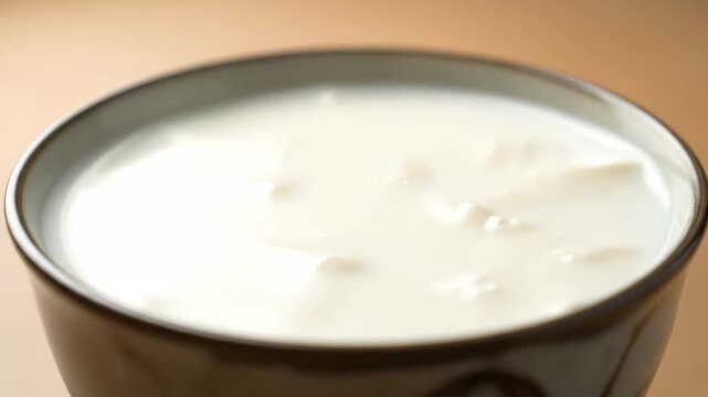 Close up of fresh white curd (dahi) or yogurt in a brown ceramic bowl, showcasing the creamy texture and healthy dairy content, ready for a nutritious breakfast or snack.