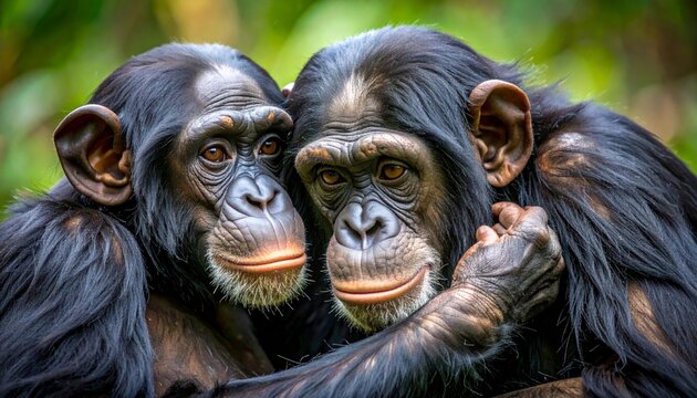 Two chimpanzees embracing each other in a natural setting.