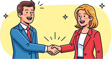 Fototapeta premium A man and a woman in business attire shaking hands with smiles, symbolizing agreement.