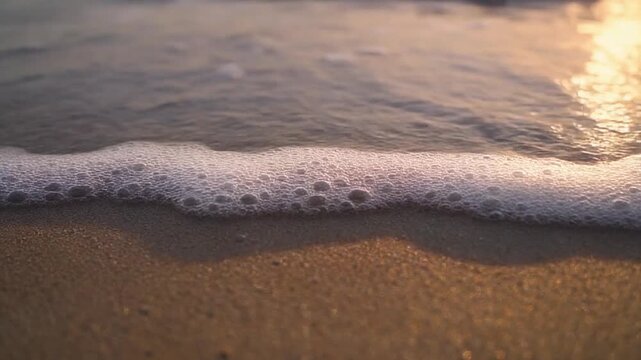 Closeup of peaceful ocean with sunset light and gentle wave on sand shore