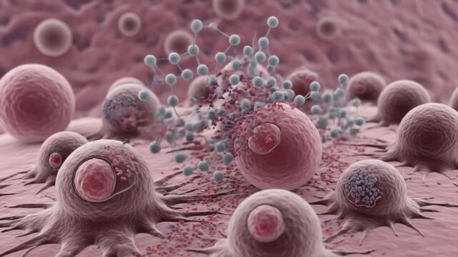 Medical illustration of nanotechnology attacking and destroying cancer cells, representing targeted therapy and advanced treatment concepts.