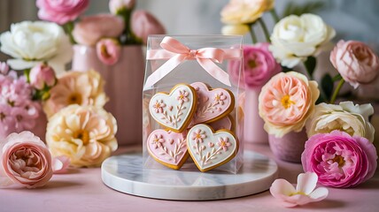 Floral gift box surrounded by roses for romantic celebration
