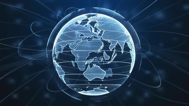 A glowing blue wireframe digital globe with visible continents, surrounded by abstract lines and dots representing global connectivity and data networks.