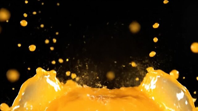 Vibrant orange liquid splash with droplets flying everywhere