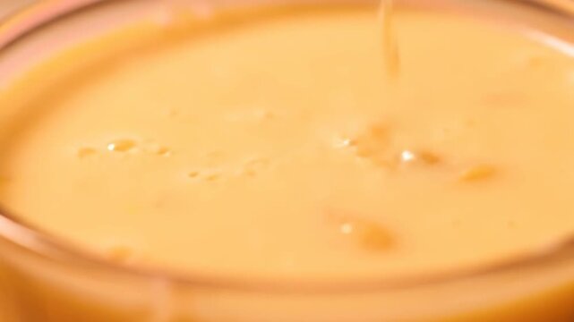 Macro Close-Up Shot of Thick Orange Liquid Pouring into a Glass, Creating a Dynamic Surface and Bubbles. Fresh Vitamin Drink, Smoothie, or Sauce Preparation.