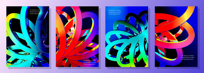 Vibrant abstract metallic ribbon colorful 3D cover poster background design set, Dynamic abstract ribbons loop in vivid colors, creating a futuristic, energetic scene. Ideal for modern design.