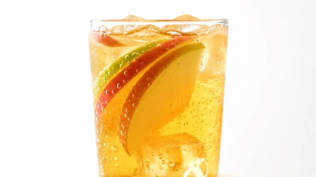 Refreshing close-up of sparkling golden orange cocktail or mocktail garnished with vibrant apple slices and ice, featuring intense carbonation bubbles against a clean white background.